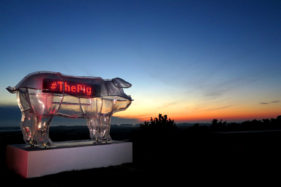A giant plastic see-through pig sits on a grey plinth. It faces a beautiful sunset of orange. Inside the plastic pig is a red LED sign which reads '#ThePig'.