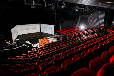 Lockdown 2020. A deserted auditorium. Hundreds of empty red seats face a stage on which are 3 temporary white walls. On the walls are hanging 6 small robots, each a little grey box with a cable hanging down to the stage.
