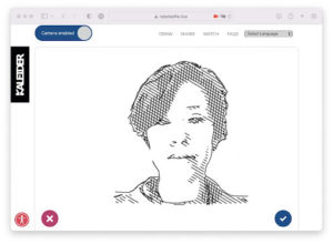 A screengrab of a website showing a toggle button toggled to "enable camera" below which is a line drawing of woman smiling. 
