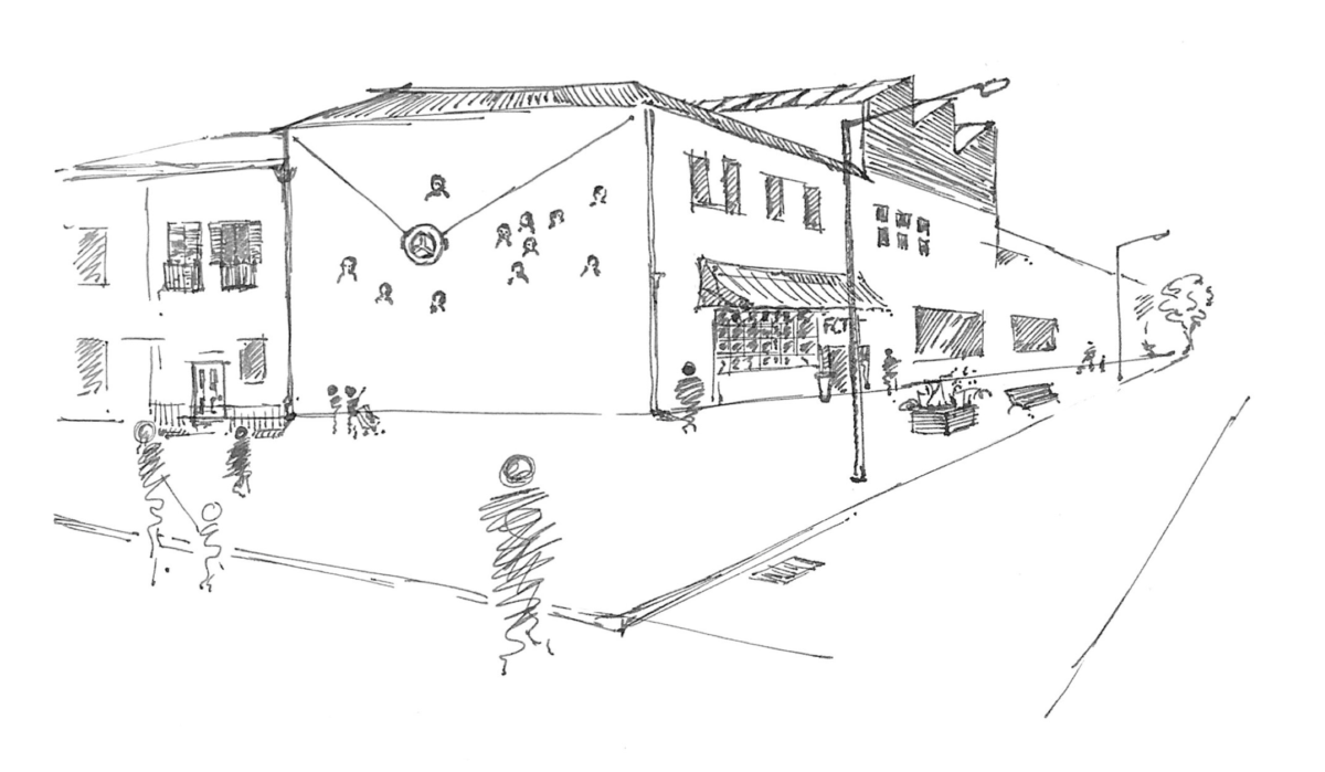 An artist impression of people looking up at the side of a building in a public space, where a wall drawing robot draws their portraits on the outside of the building. 